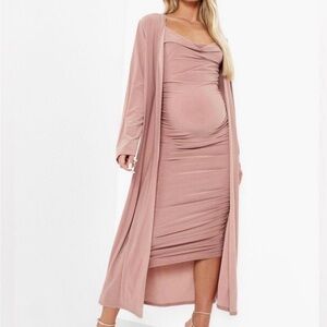 Boohoo Dusty Pink Maternity Midi Dress with Longline Cardi